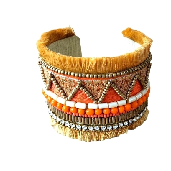 SHIRALEAH Chicago "Santamaria" Orange Beaded Fringe Boho Tapestry Cuff  NWT - Picture 4 of 7